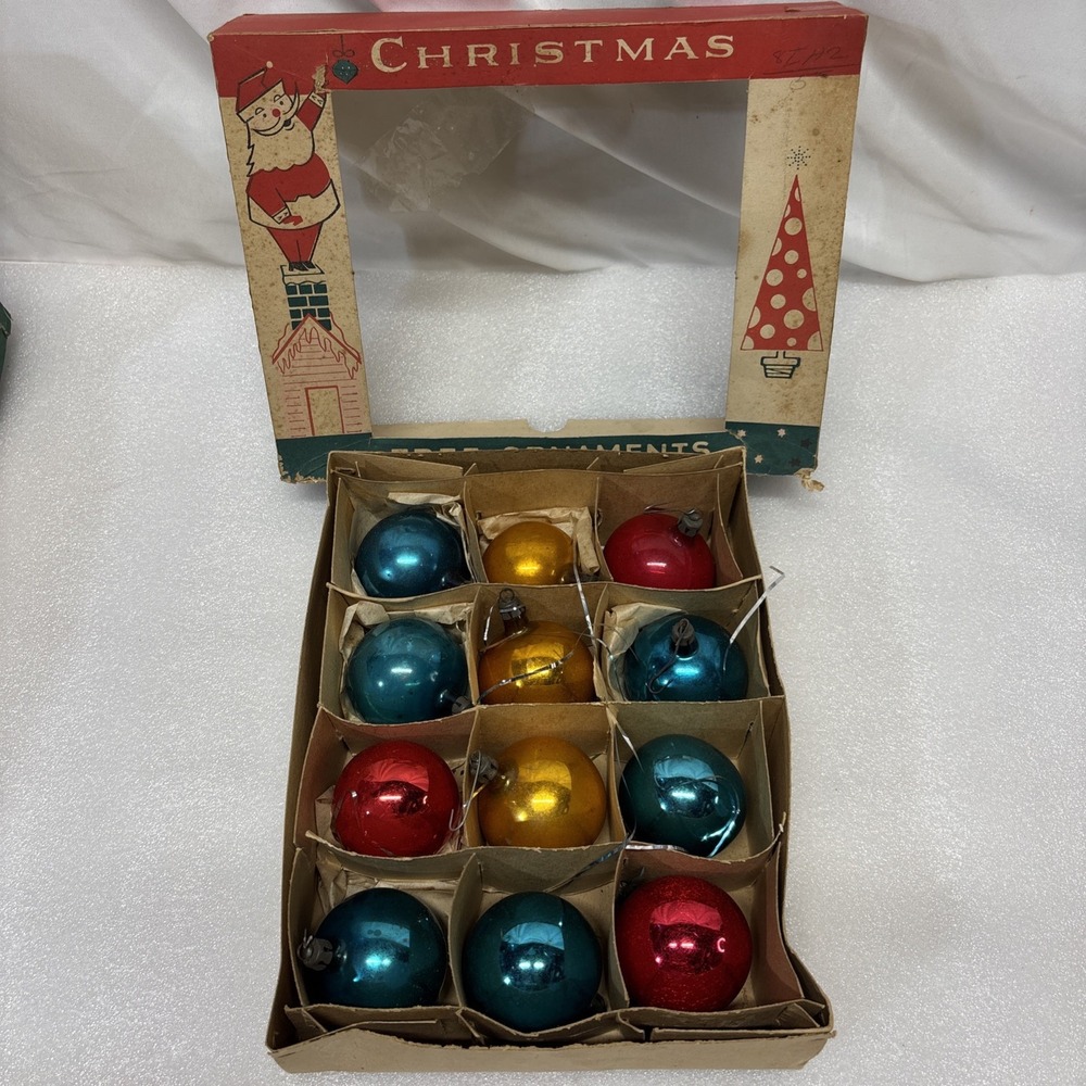 12 Vtg Poland Mercury Glass Christmas Ornaments Colorful Mix Fantasia Box